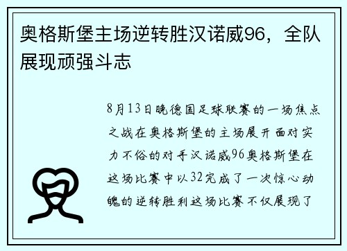 奥格斯堡主场逆转胜汉诺威96，全队展现顽强斗志